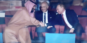 President Putin and Saudi Arabian Crown Prince Mohammed bin Salman, with FIFA President Gianni Infantino